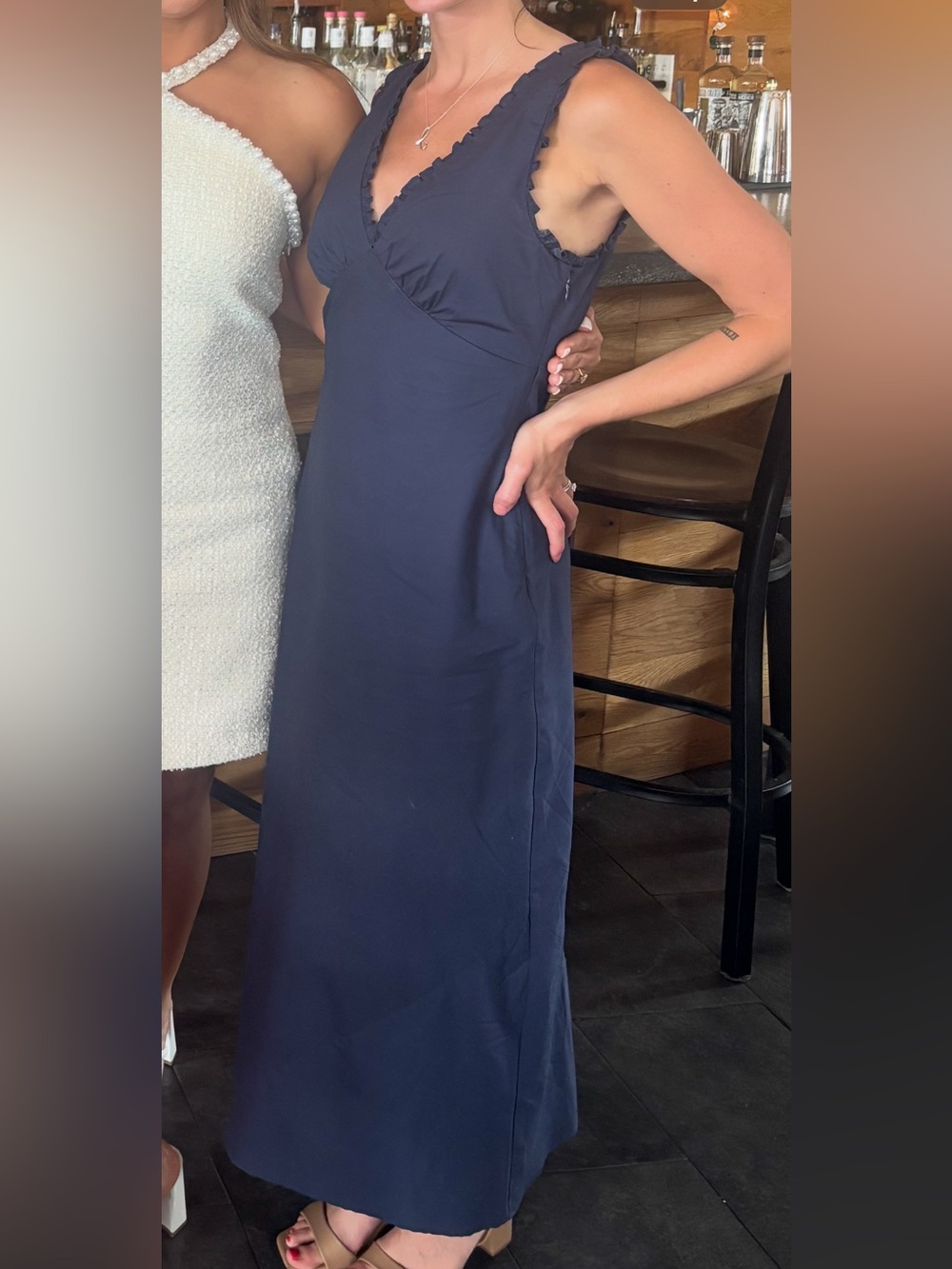 Wayf Navy V-Neck Maxi Dress with Scalloped Trim